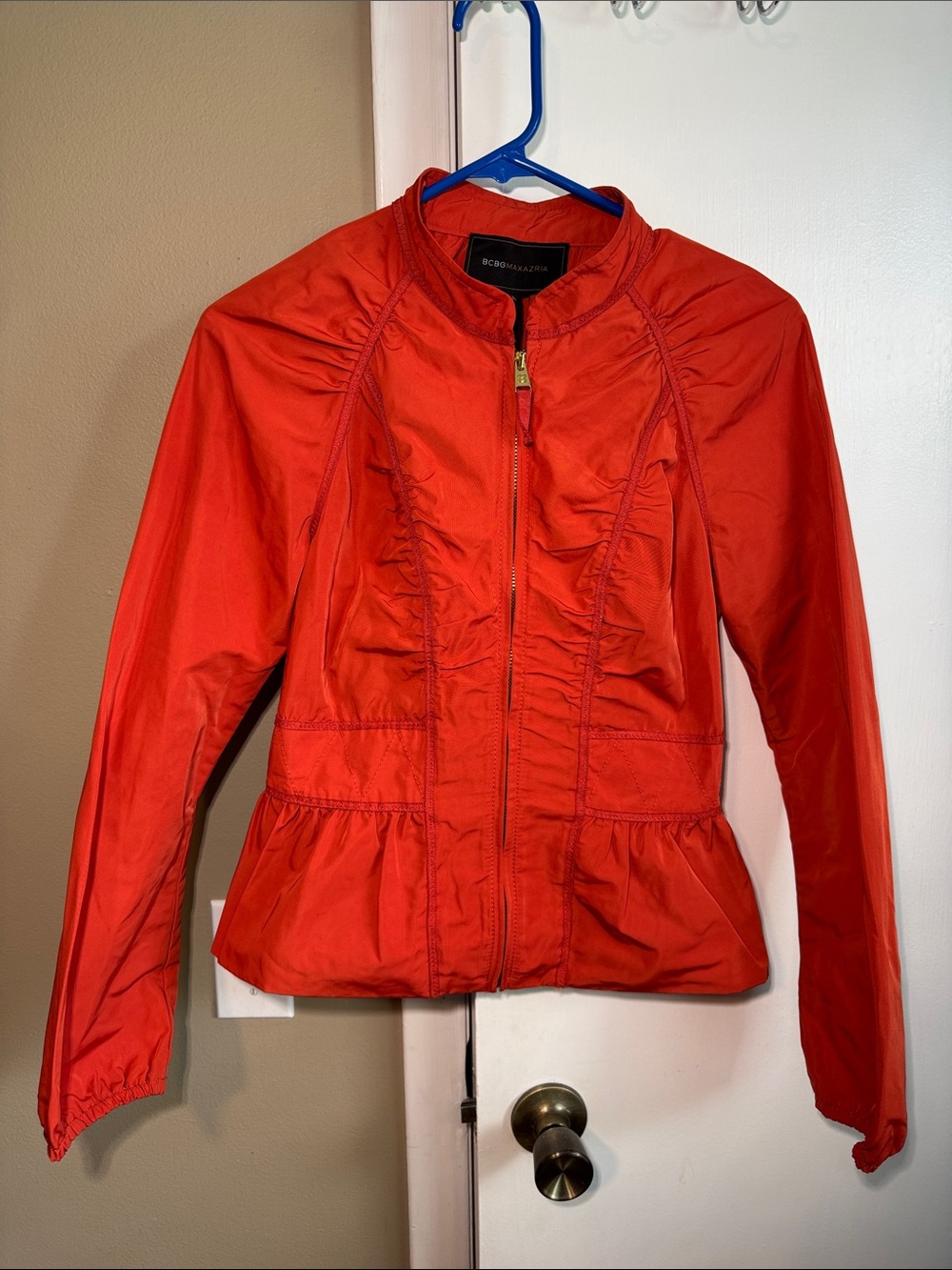 BCBGMaxAzria Saffron Ruching Zip-Front Peplum Bomber Jacket Size XS